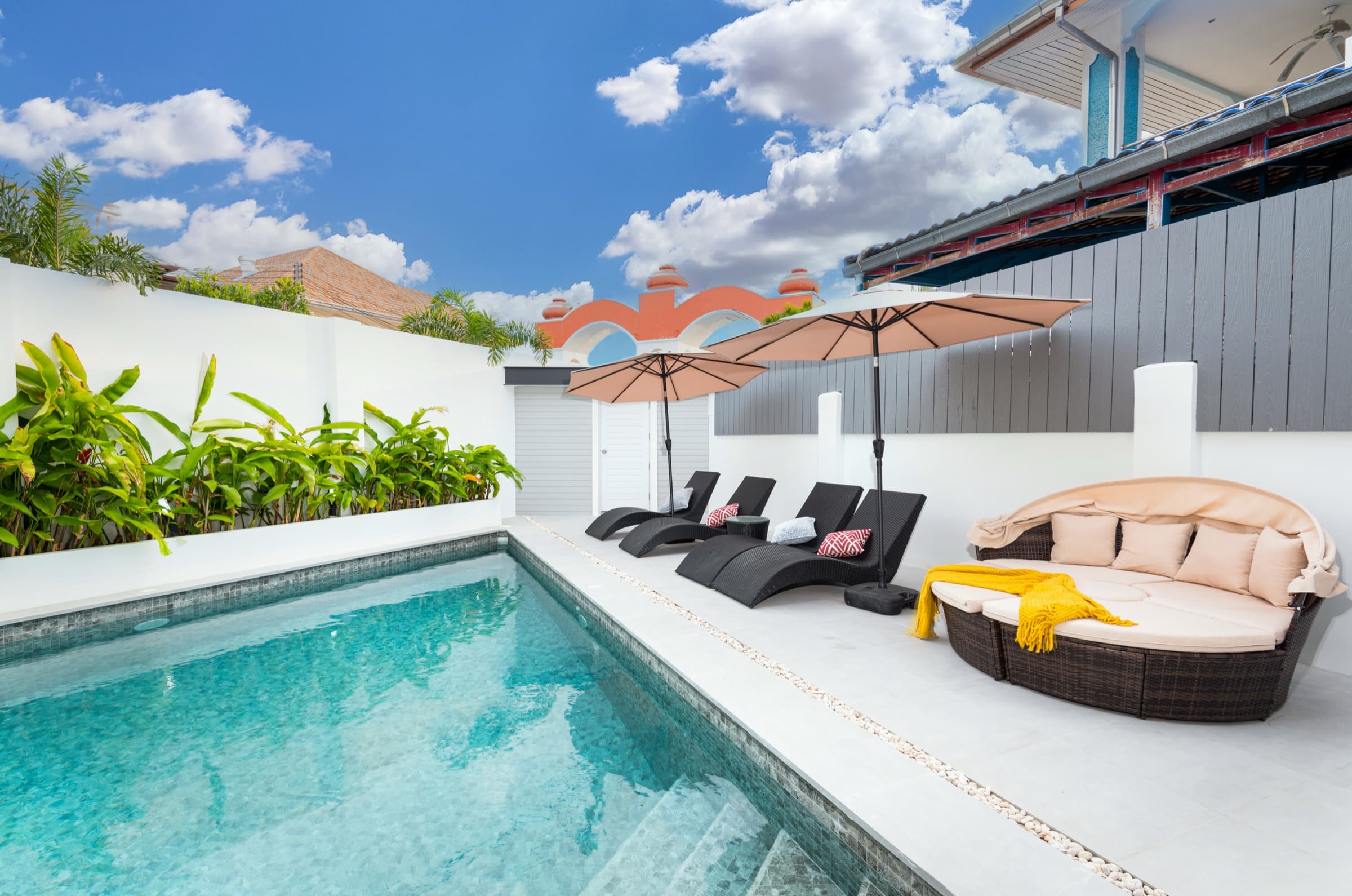 Cerulean wing at Villa Azure — the marketed pet-friendly wing in Jomtien, Pattaya, with triangle saltwater pool.